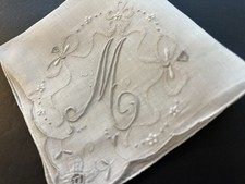 A Vintage White Hankie Madeira Style Embroidered Gray Monogram M Wedding Bride