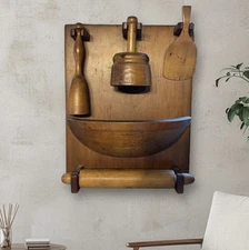 PRIMITIVE RUSTIC WALL BASIN WITH 4 KITCHEN UTENSILS SEE DESC FOR COND