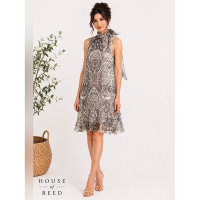 Comma 100% Silk Leopard Paisley Print Tie Neck Dress EU 38 US 8