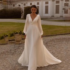 Customized Simple Chiffon A-Line Wedding Dresses V-Neck Long Sleeves Backless