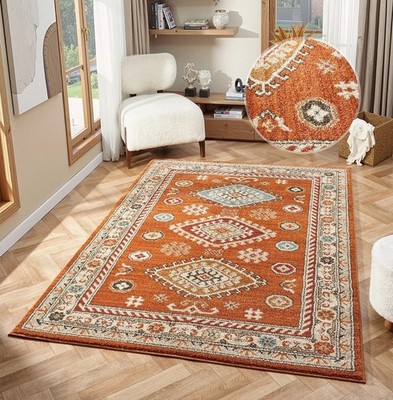 Großer Wohnzimmerteppich traditionell terrakotta Boho Stil verschiedene Größen 20 mm stark