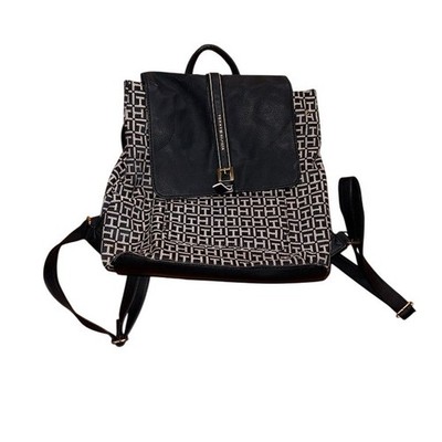 Tommy Hilfiger Backpack Purse Women M Black White TH Monogram Flap gold hardware