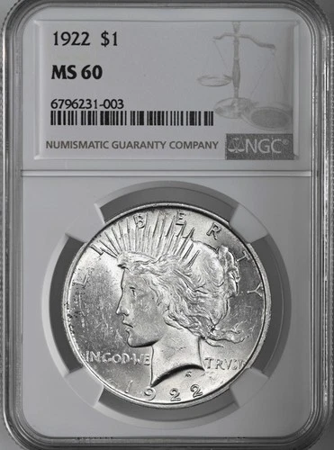 1922-P  $1 PEACE SILVER DOLLAR  "PHILADELPHIA MINT"  NGC MS60 #6796231-003