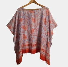 Talbots Scarf Top Women's Large Multi Cotton Silk Semi-Sheer Kimono Floral Boho