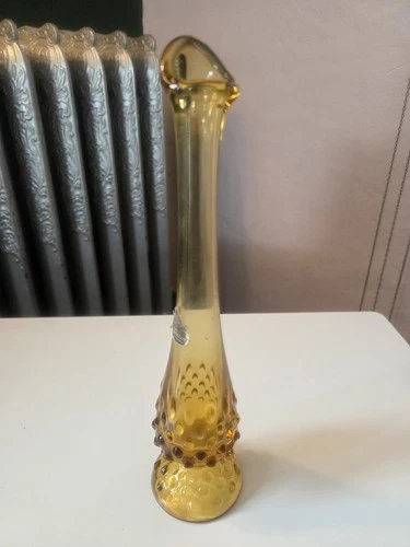Vintage Fenton amber hobnail swung glass vase 10 inches tall handmade textured