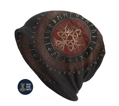 THORS STONE CRAFTS Viking Beanie Hat Bonnet Hat Tree of Life Yggdrasil Norse Runes Unisex One Size