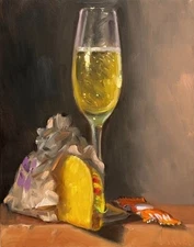 Taco Bell & Champagne By NOAH VERRIER Still life oil painting, Signed print