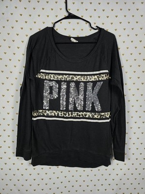 Victorias Secret PINK BLING Leopard Cheetah Logo Sequined Long Sleeve Tee shirt
