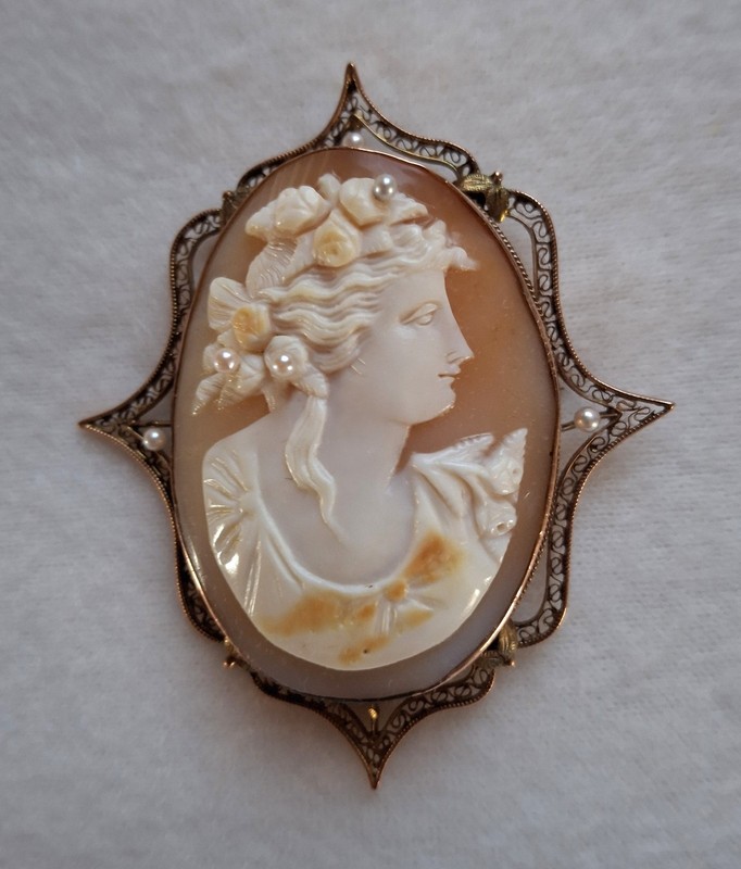 Beautiful Large 10kt Rose Gold Shell And Pearl Cameo Lady Brooch