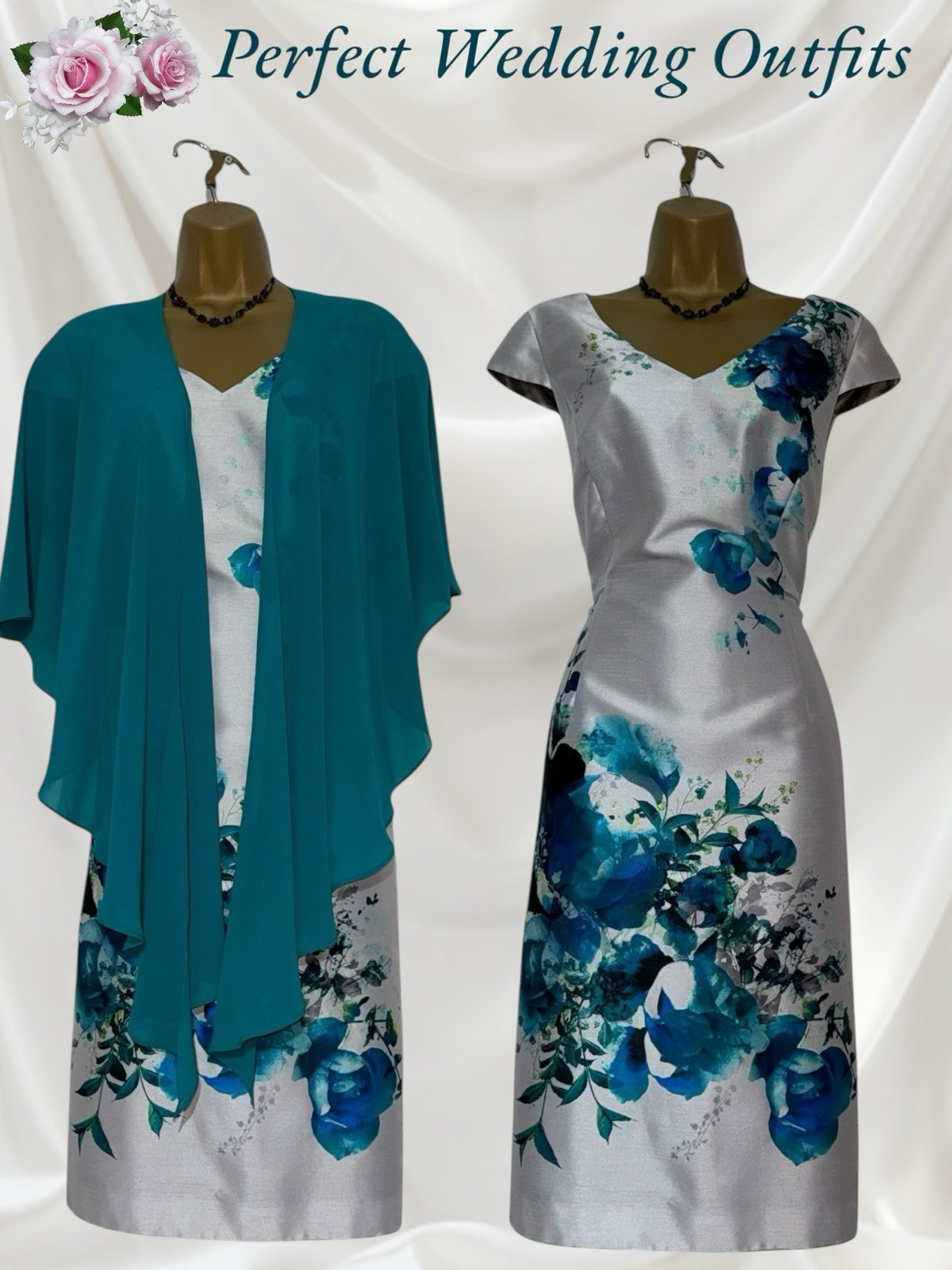 JACQUES VERT UK 14 Grey Teal Mother Of The Bride Outfit Dress & Shawl Fascinator image 3