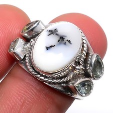 Dendritic Opal - Brazil White Topaz 925 Silver Handmade Ring s.8.5 W442