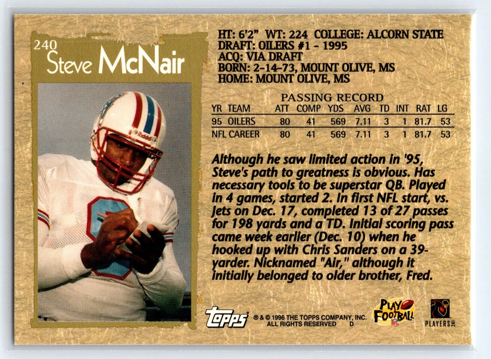 1996 Topps #240 Steve McNair - Image 2 of 2