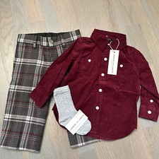 NWT Janie And Jack boy WINTER burgundy corduroy plaid pants 3-piece SET 6 9 12