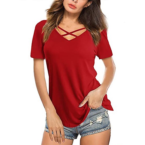 Women Summer Tops V Neck Criss Cross Short Sleeve Basic Plain Tee T-Shirt Blouse - Picture 62 of 75