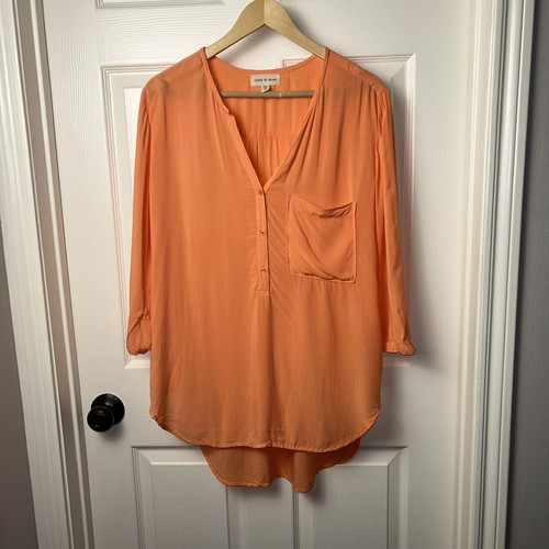 Anthropologie Cloth & Stone West Coast 1/4 Button Down Shirt Orange Size Medium - Picture 2 of 9