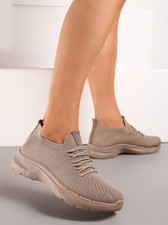 Women’s TaupeLightweight Stretch Knitted Lace Up Platform Sock Trainer Sneaker.