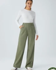 NWT Halara High Waisted Pilcated Wide Leg Linen Feel Pants SZ-M In Catkin Green
