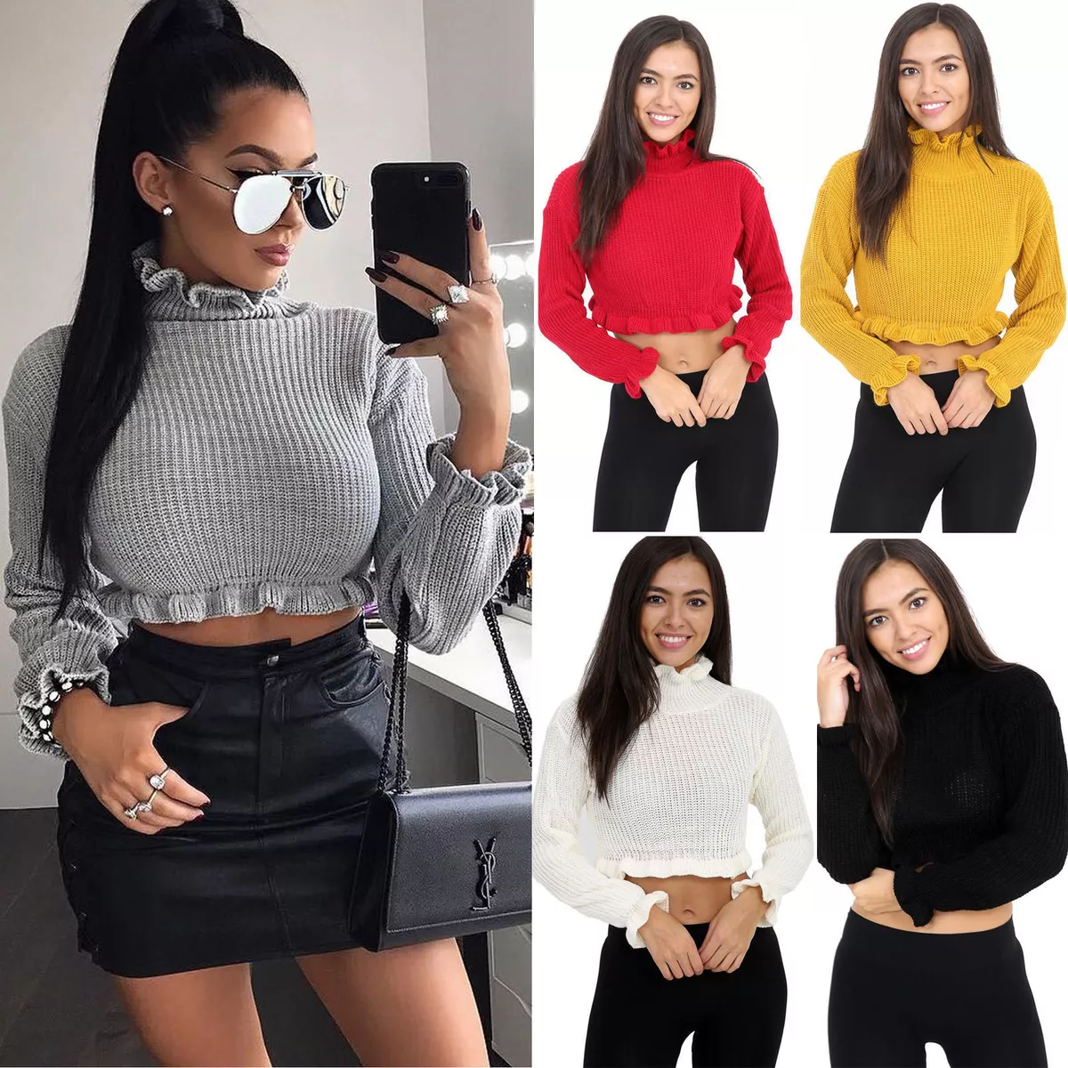 Womens Ladies Frill High Polo Neck Top Cable Knit Chunky Cropped Jumper Sweater