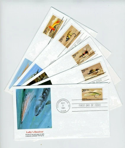 First Day Cover FDC #2545 -2549 Fishing Flys 1991 29¢ USA  Lot of 5