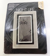 Vtg Night Life Textured Ultra Ultra Sheer Pantyhose Black Sz M NOS w/Design READ