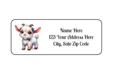 30 Cute Fluffy Goat PERSONALIZED RETURN ADDRESS LABELS 1 in X 2 5/8 GLOSSY