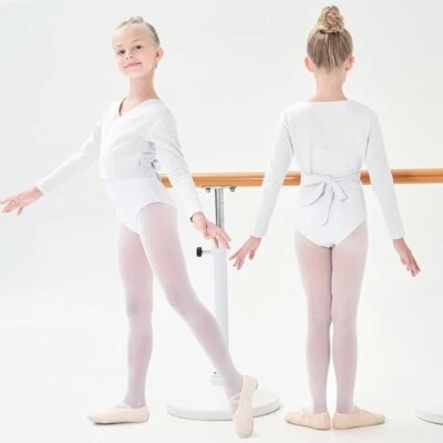 TANZDUNSJE White Cotton ballet wrap crossover tops long Sleeve Age 6 - 13 Various sizes