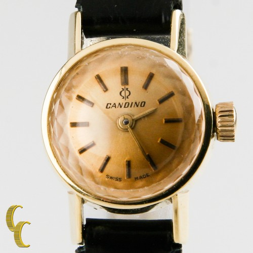 18k Oro Giallo Candino WOMEN'S VINTAGE Hand-winding Orologio con fascia in  pelle nera | eBay