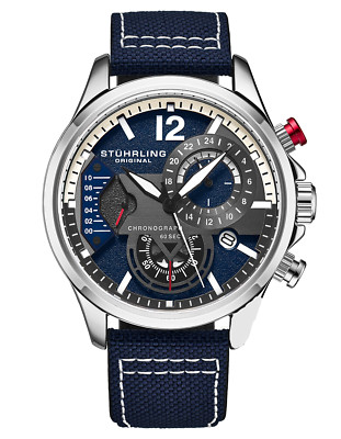 Stuhrling 4029 2 Aviator Quartz Chronograph Date Blue Leather Mens Watch