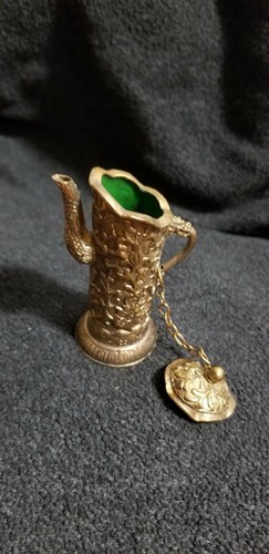 Vintage Chinese Bronze Color Miniature Cylinder Wine Vessel with Lid and Chain - Picture 2 of 7