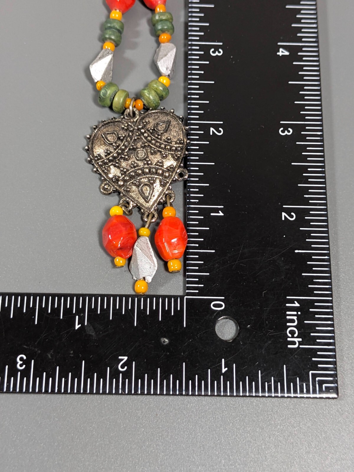 Beachy Coastal Tribal Orange Green Heart Charm Beaded Necklace 17 inch