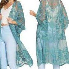 Woven Heart Aqua Floral Lace Long Kimono One Size Boho Cottagecore