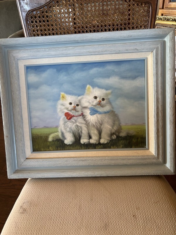 Vintage Persian 2 Kittens Oil Painting On Canvas Framed