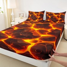 Flame Fitted Sheet Twin Size,Lava Magma Print Bed Sheet with 1 Pillowcase,Geo...