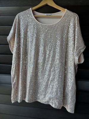 Lavish Women's 2X Champagne Sequins Short Sleeve Blouse