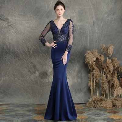 Applique Bead Splicing Satin Evening Dress Sexy Front and Rear V-neck Prom Gowns