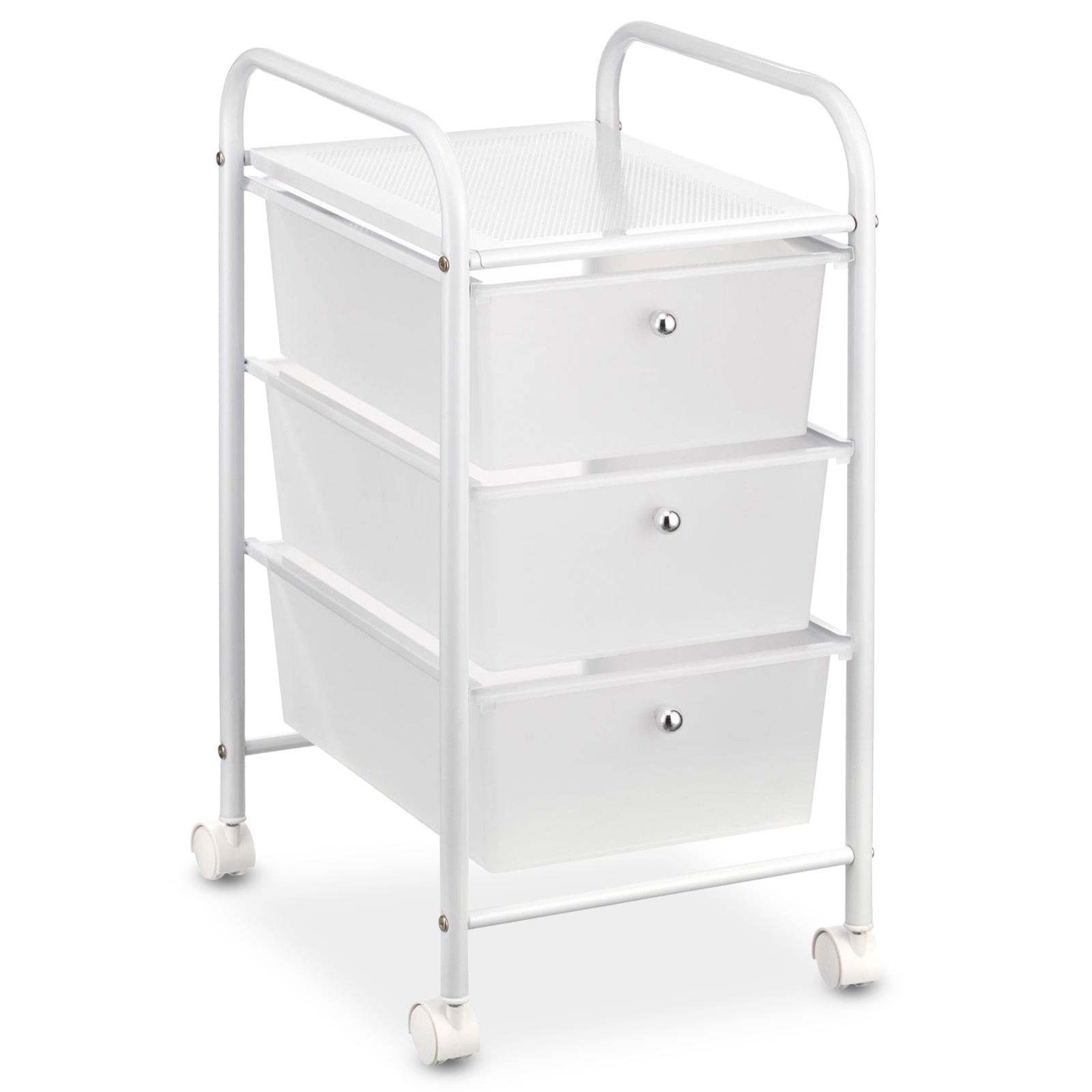 Meuble de rangement blanc à roulettes parfait pour trier les papiers du salon