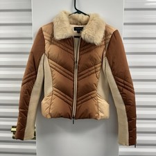 Y2K bebe Down Puffer Jacket Real Fur Collar Knit Panel Zip Cuff Tan Brown Small