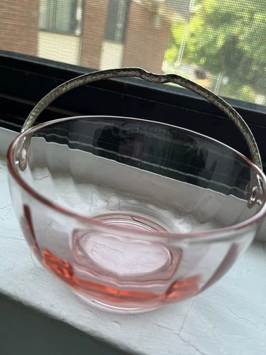 Glass Jam Bowl Pink Depression Glass Metal Handle As Found