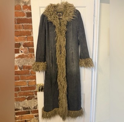 90s Giacca Fur Trim Penny Lane Long Denim Overcoat Women's Size M Pockets Lined