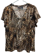 Attitudes By Renee Womens Wearable Art Top Large Brown Animal Print Short Sleeve