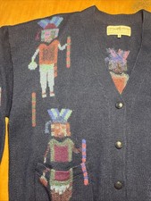 Vintage PERUVIAN CONNECTON ALPACA Tiki Intarsia CARDIGAN SWEATER M Navy Rare