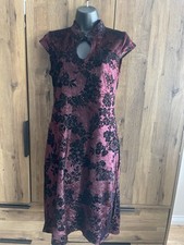 Vintage Y2K Burgundy Black Floral Flock Velvet Oriental Style Evening Dress 10