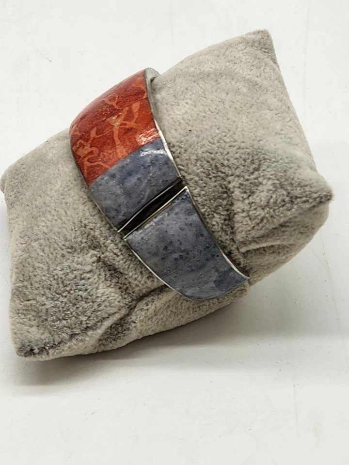 Handmade Sterling Silver Fossil Coral Inlay Cuff Bracelet Natural Gemstone Jewel Foto 3 de 4