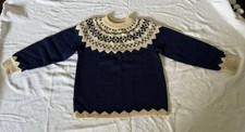 Icelandic Style Geo Chunky Hand Knit Blue Wool Pullover Sweater, Small- READ