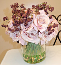 H Pink Roses  Burgundy Faux Floral Arrangement Clear Glass Vase Flower Bouquet