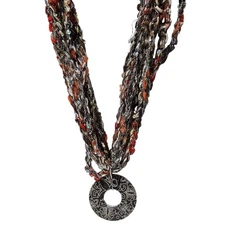 Boho Chunky Seed Beaded Necklace Engraved Donut Pendant Multi Strand Jewelry