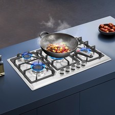 Piano Cottura a Gas 5 Fuochi, 2800pa Acciaio Inox Fornello a Gas con Pulsanti e Porta Pentole,