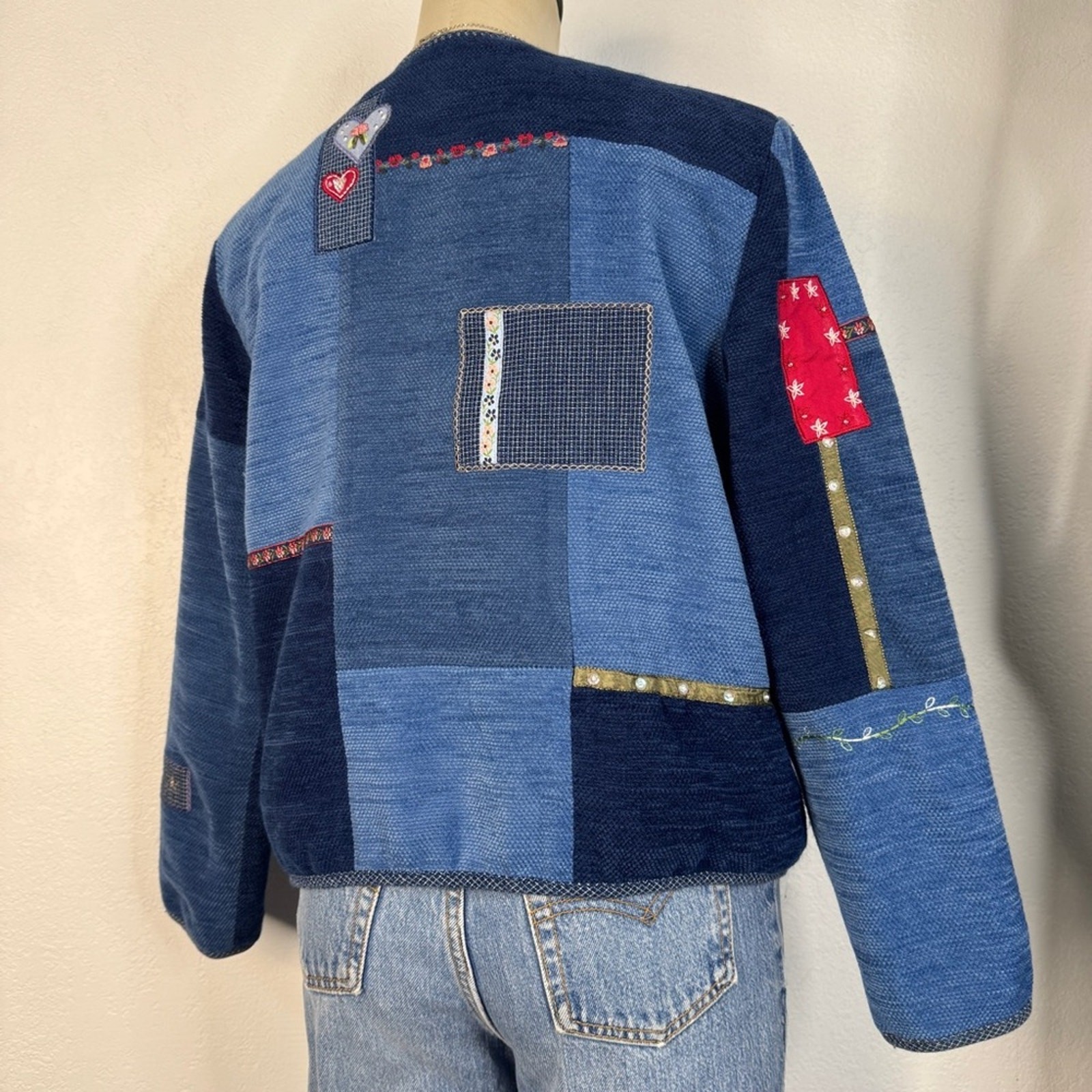 Vintage 90s Blues Patchwork Jacket Boho Cottageco… - image 3