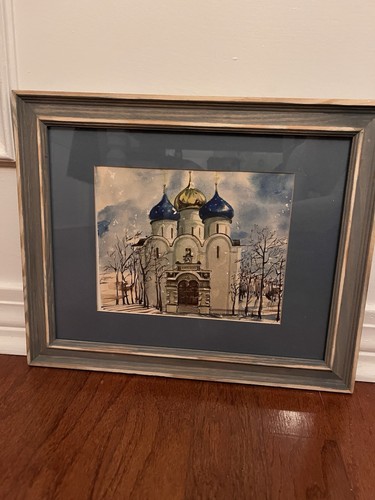Vintage Russische Schulkirche Aquarell Signiert Gerahmt Passepartout Blau - Bild 1 von 5