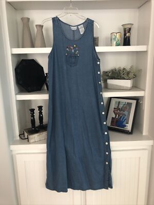 Casey & Max Women's Small Dress Denim Floral Embroidered Side Button Split
